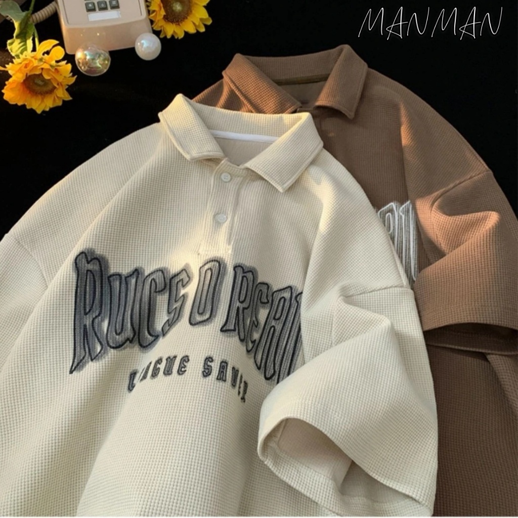 MANMAN ฤดูร้อนผู้ชายวาฟเฟิลด์วินเทจลำลองพิมพ์เสื้อโปโลหลวมแขนสั้น