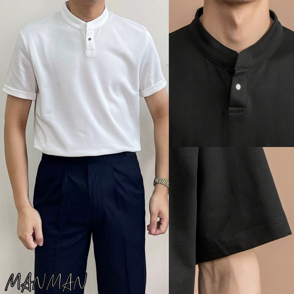 MANMAN เสื้อแขนสั้นคอตั้งสีล้วนลำลองเข้าชุดง่ายสำหรับฤดูร้อนสำหรับผู้ชาย
