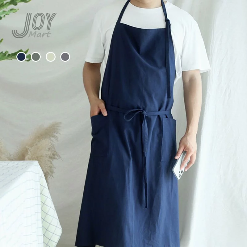 JoyMart สไตล์ญี่ปุ่นผ้าฝ้ายผ้าลินินผ้ากันเปื้อนทํางานผ้ากันเปื้อนน้ําผ้า Halter ผ้า Anti-Fouling ผ้ากันเปื้อนน้ํามันทน Dirt-Resistant พร้อมกระเป๋าห้องครัว