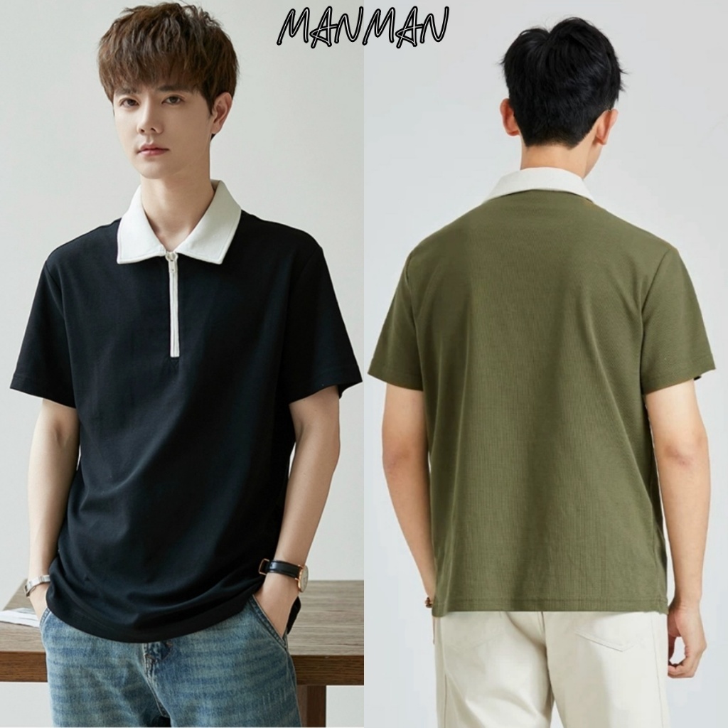 MANMAN เสื้อโปโลสีตัดกันครึ่งซิปผู้ชายแขนสั้นปกหลวมสบายๆสำหรับฤดูร้อน