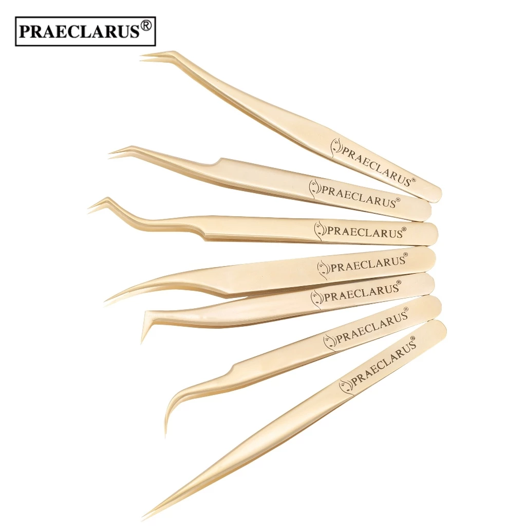 Praeclarus แหนบสแตนเลสต่อขนตาตรง Curl Golden Color Series แหนบเล็บเครื่องมือและแต่งหน้าการประยุกต์ใช้คลิป