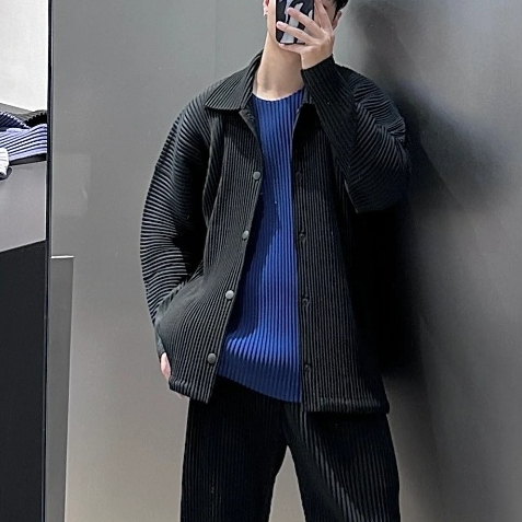 Miyake Mens JC109 Top Casual Lapel Single-Breasted High Street เสื้อสเวตเตอร์ถักผู้ชายแจ็คเก็ตจีบ