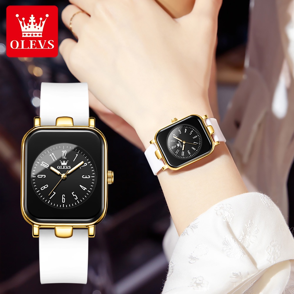 Olevs 9961 นาฬิกาข้อมือควอทซ์ สายซิลิโคน ทรงสี่เหลี่ยม เรียบง่าย สําหรับผู้หญิง