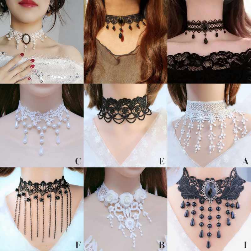 Annapink.th Gothic สร้อยคอลูกไม้สีดําสําหรับผู้หญิงสาว Boho คริสตัลเพิร์ลเซ็กซี่ลูกไม้ Choker Punk Dark Lolita สไตล์ฮาโลวีนเครื่องประดับ EN