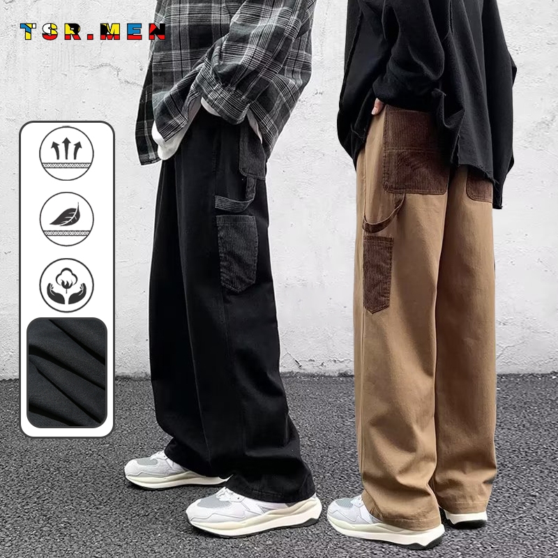 TSR.Men กางเกงสแล็คผู้ชาย เอวยางยืด ขาตรง High Street แบบประกบ หลายกระเป๋า กางเกงขายาว แฟชั่นฤดูใบไม้ร่วง สีดำ สีน้ำตาล M-3XL