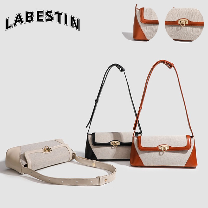 LABESTINกระเป๋าสตรีใหม่ฝรั่งเศสย้อนยุคอเนกประสงค์สีตัดกันแบบพกพาไหล่ crossbody ผ้าใบกระเป๋าบาแกตต์