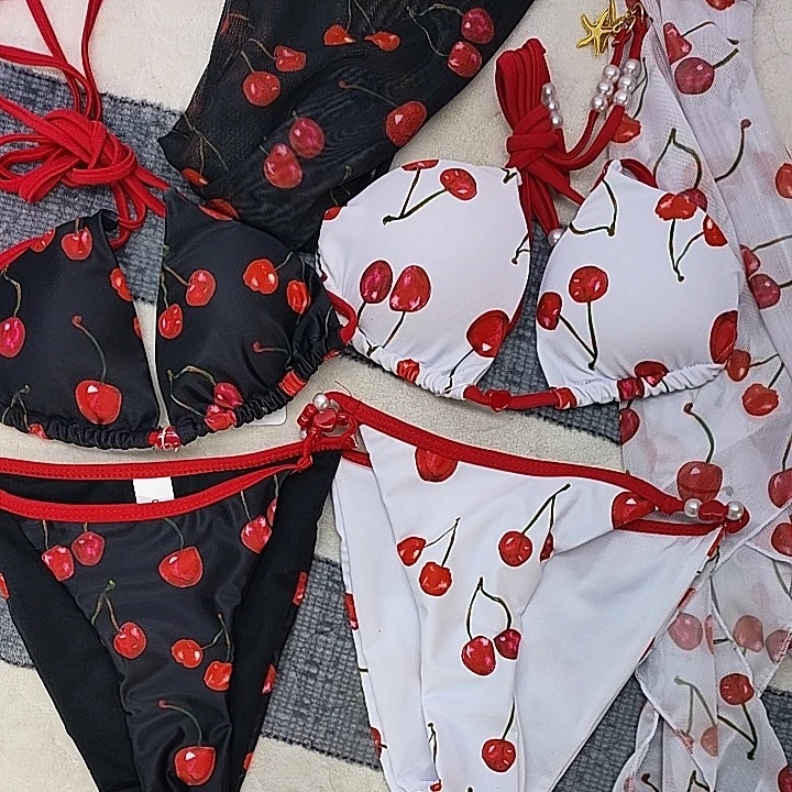 🧡ส่งไวจากไทย🧡 Cherry Bikini set🍒ชุดว่ายน้ำ เซ็ท2ชิ้น ลายเชอรรี่ น่ารัก ผูกคอผูกหลัง  บิกินี่แซ่บๆ☀️