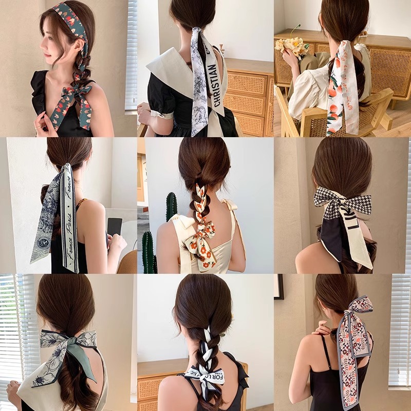 ผ้าพันคอไหมยาวสไตล์ฝรั่งเศสวงผมหญิง2025เชือกผมถักสไตล์ใหม่สไตล์เกาหลีโบว์ลําแสงผูกหัวเชือกผม