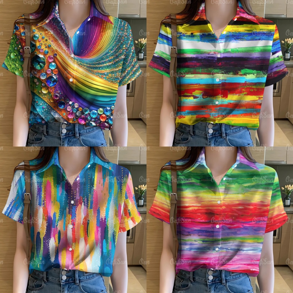 เสื้อเชิ้ตแขนสั้นลําลอง พิมพ์ลาย สีรุ้ง สไตล์ฮาวาย สําหรับผู้หญิง เหมาะกับเทศกาลปีใหม่ 2024
