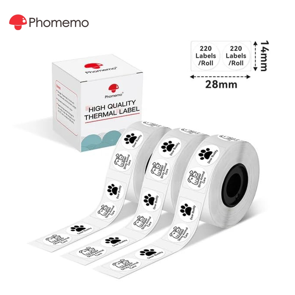 Phomemo สติ๊กเกอร์ฉลากกลม 14 มม. สําหรับเครื่องพิมพ์ D30/Q30/Q31 (3 ม้วน)