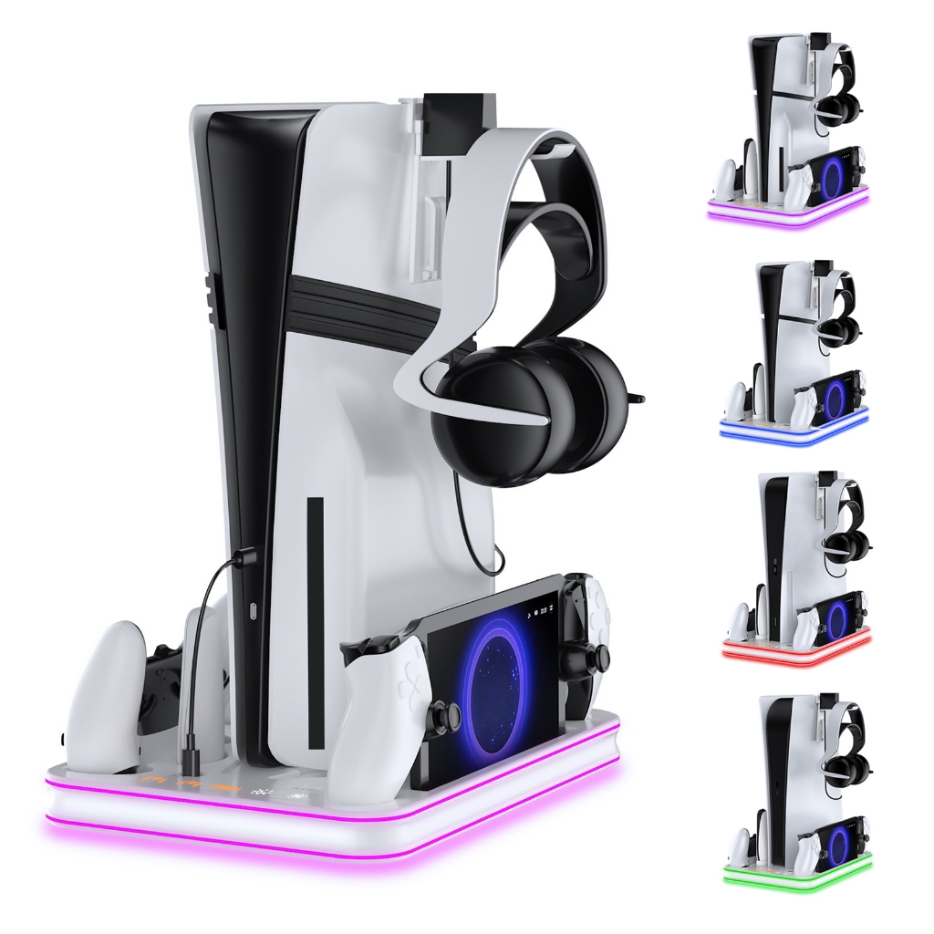 ขาตั้งระบายความร้อน LED RGB หลายฟังก์ชันพร้อมการชาร์จคอนโทรลเลอร์คู่และการชาร์จ PS5 Portal สำหรับ PS5 Pro/PS5 Slim/PS5 Disc/Digital Edition - สีขาว