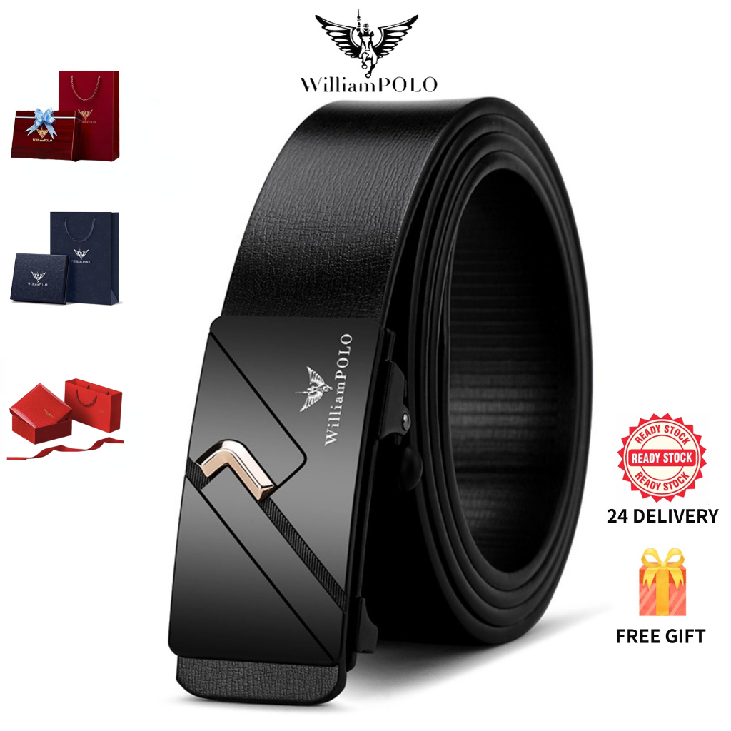 WilliamPOLO Leather Men's Belt Stylish Automatic Buckle Free Gift Box