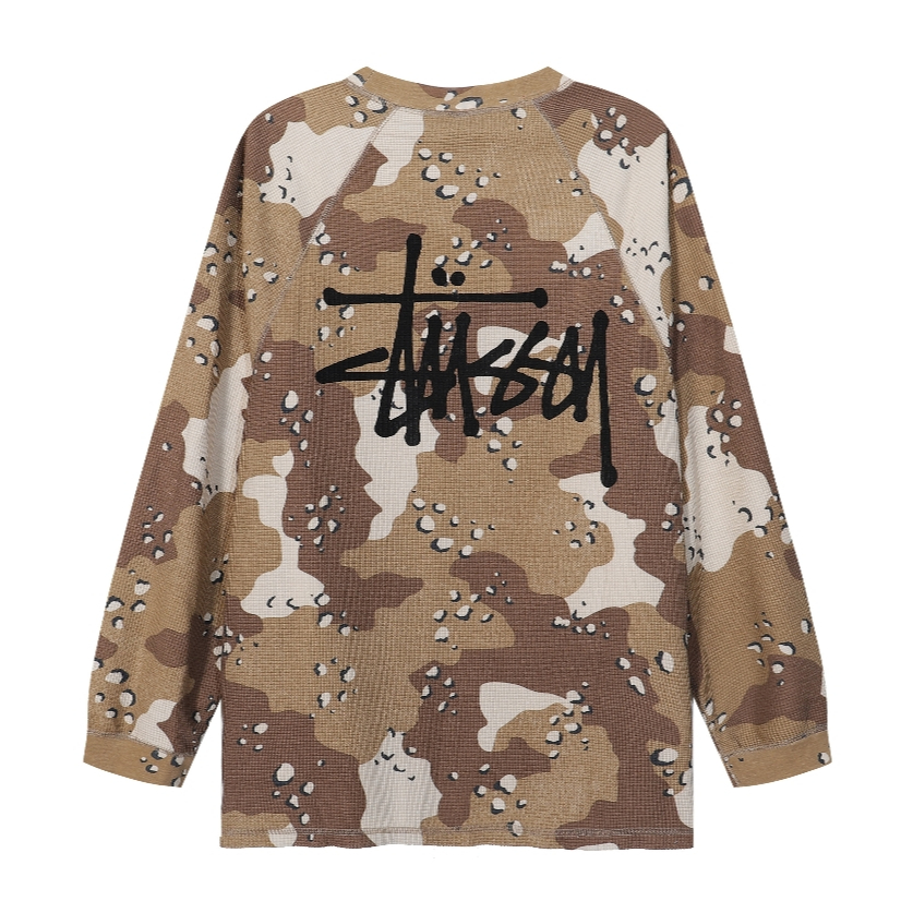 Street Wear Top Camouflage Waffle Long Sleeve Round Neck T-Shirt Sweatshirt Unisex