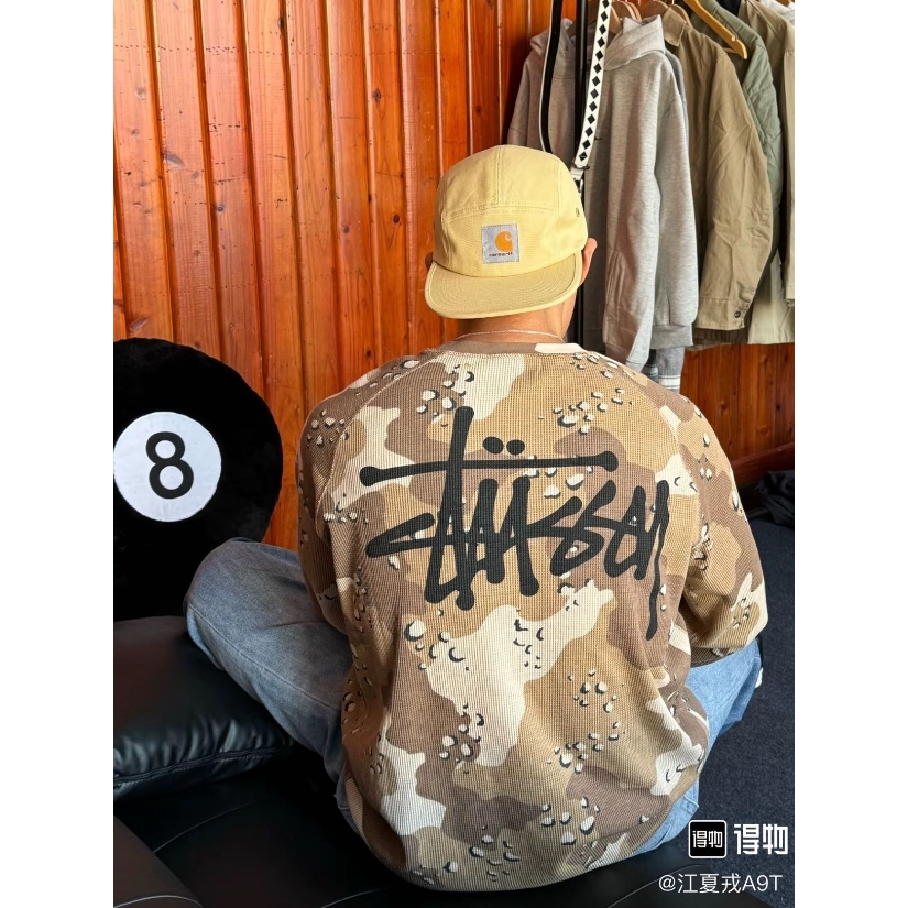 Street Wear Top Camouflage Waffle Long Sleeve Round Neck T-Shirt Sweatshirt Unisex