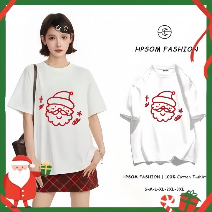 เสื้อยืดแขนสั้นผู้หญิง HPSOM ซานตาคลอสแห่งโชคดี, ผ้าฝ้าย 100% เสื้อยืดโอเวอร์ไซส์ทรงหลวม
