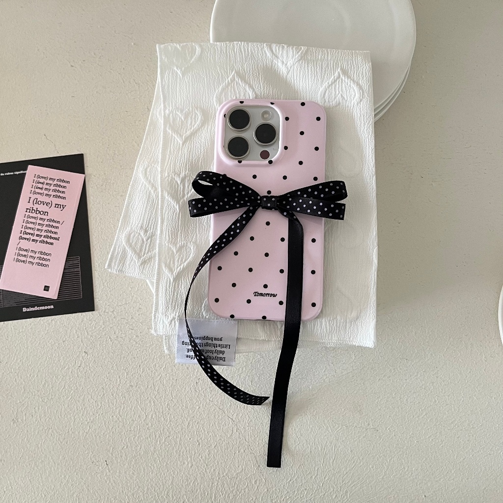 แฟชั่นเกาหลี Polka Dot Bow เคสโทรศัพท์สําหรับ iPhone 16 15 14 13 12 11 Pro Max IMD กันกระแทกปกหลังสาว