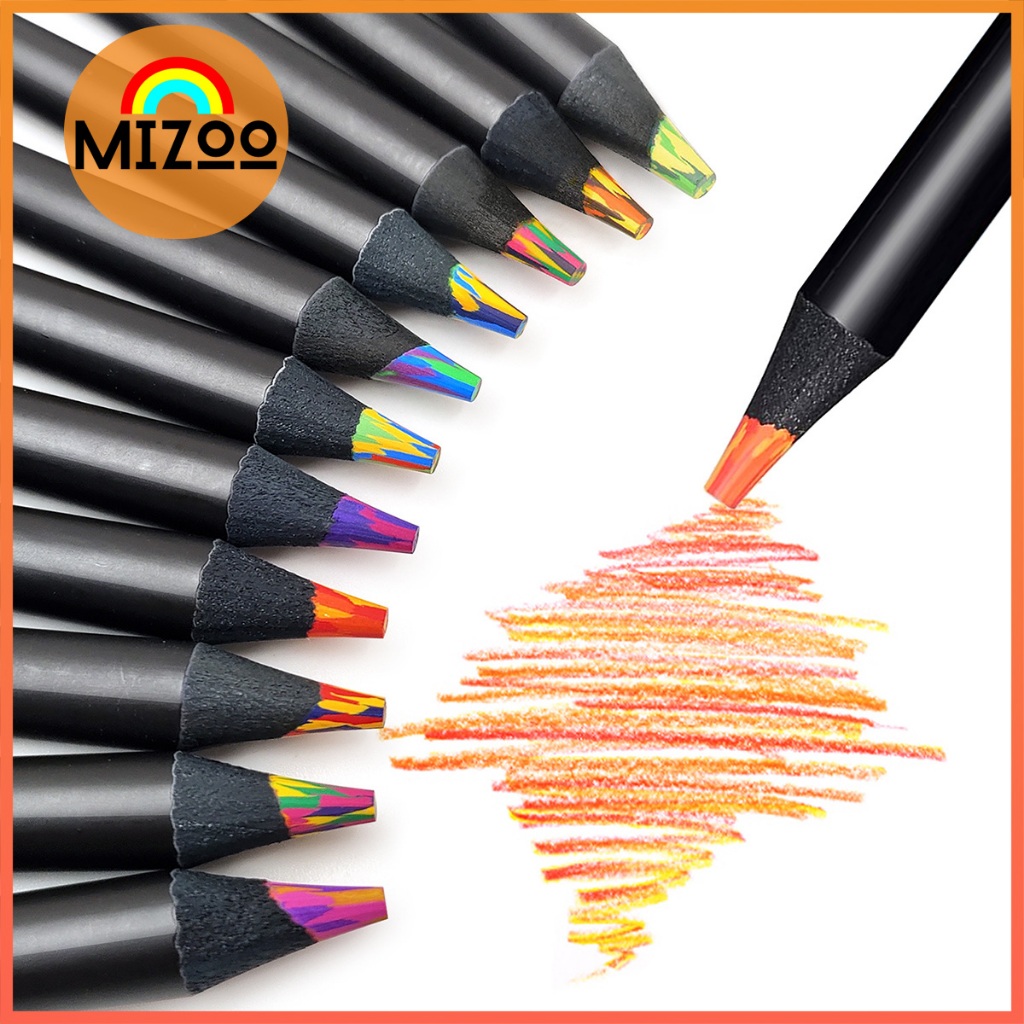 Mizoo ดินสอสีรุ้ง 12 ชิ้น ดินสอสายรุ้ง ดินสอไม้หลายสี ครื่องเขียนนักเรียน ระบายได้หลายสีในแท่งเดียว