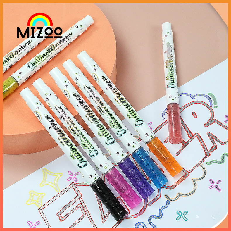 8 สี ปากกามาร์กเกอร์ โครงร่าง เส้นคู่ DIY ปากกามาร์กเกอร์ สีเมทัลลิก กลิตเตอร์