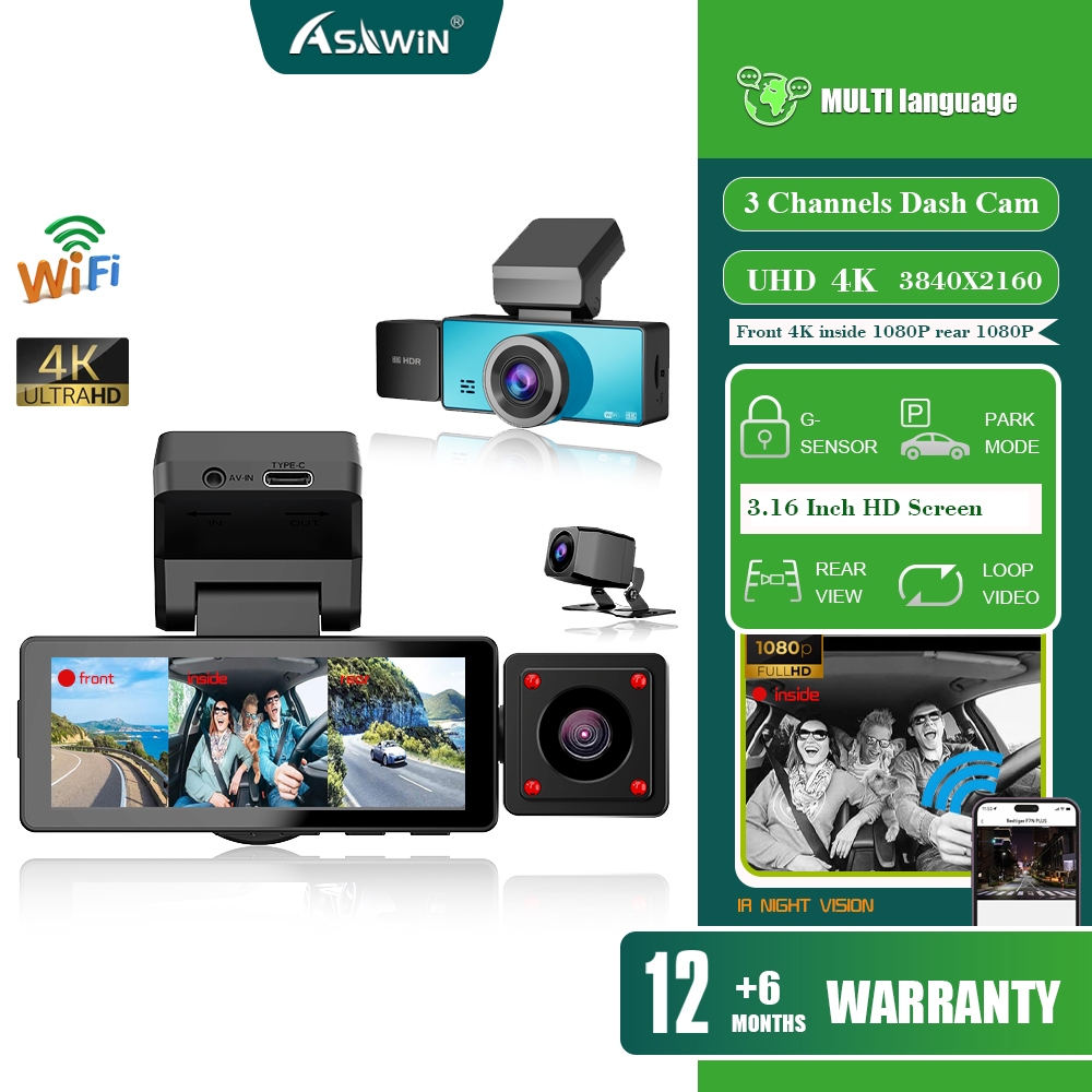 3 ช่อง 4K Dash Cam Wifi กล้องติดรถยนต์ 3 กล้องบันทึกการขับขี่ AHD 1080P กล้องสํารอง การตรวจสอบที่จอดรถ night vision HDR WDR Loop Recording