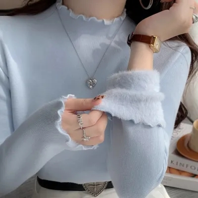 NZN แฟชั่นเกาหลีผู้หญิงชั้นฐานกํามะหยี่ เสื้อถักนิตติ้งแขนยาวที่อบอุ่นหนา