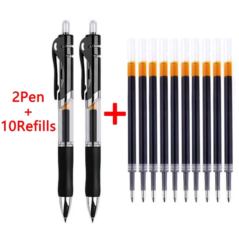 ปากกาลูกลื่นหมึกเจลสีดํา / แดง / สีฟ้าความจุขนาดใหญ่, 0.5 มม. 2 ชิ้น + 10 ชุดปากกาเจล
