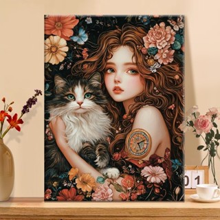 ฮัมเล็ต [พร้อมกรอบ] ภาพวาดสีน้ํามันดิจิตอล ทําเอง สาวและแมวร…