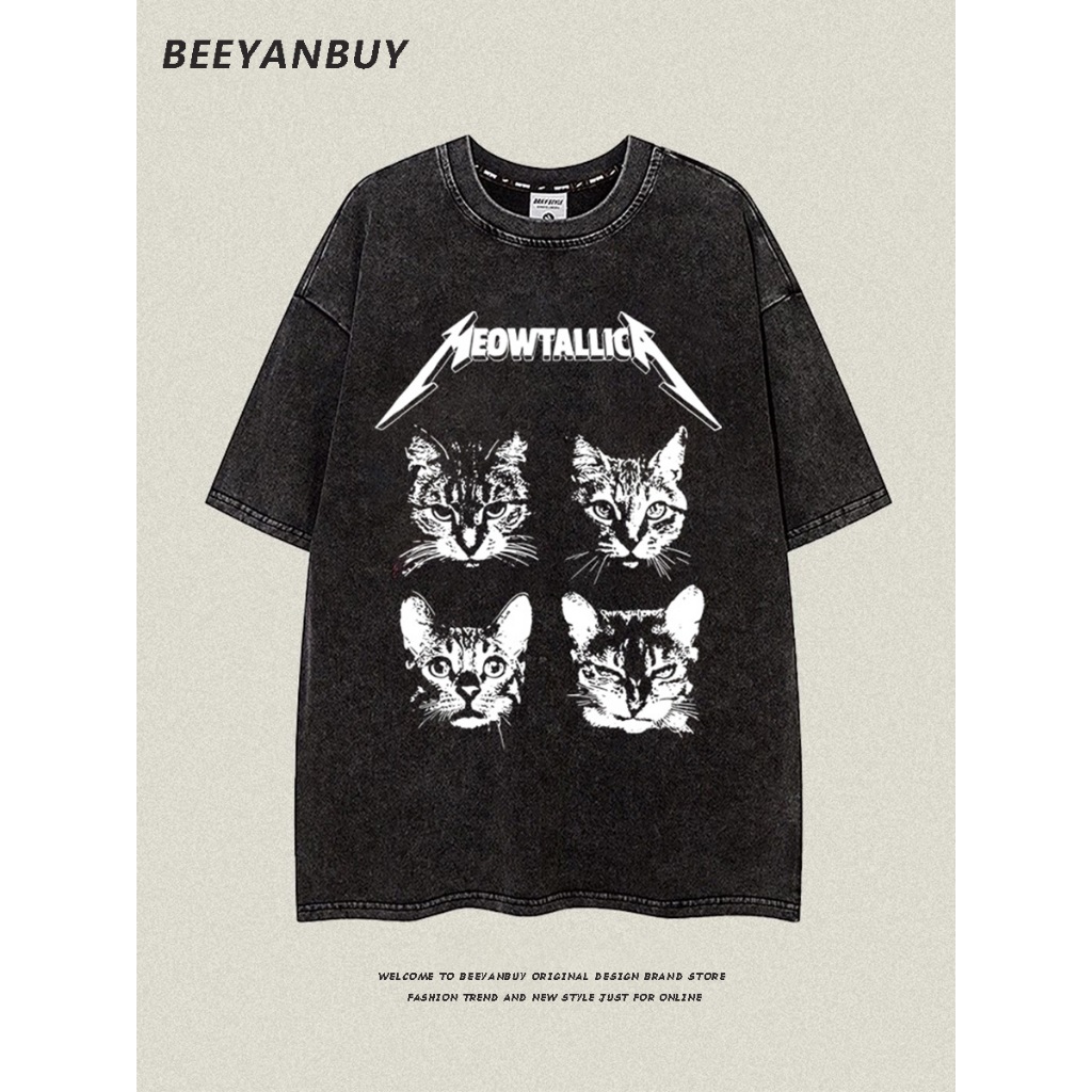 Beeyanbuy Oversize T-shirts, High street เสื้อยืดแขนสั้นพิมพ์ลายแมววินเทจ #I003320