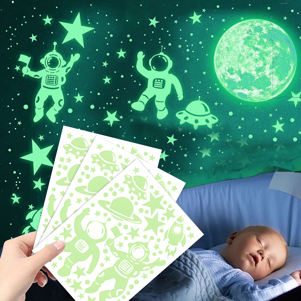 ตกแต่งห้องนอนในบ้าน - ลาย Star Moon Planet - สติ๊กเกอร์ติดผนังนักบินอวกาศส่องสว่าง - เรืองแสงแบบมีกาวในตัวใน Dark Decals - วอลล์เปเปอร์ตกแต่งห้องเด็ก