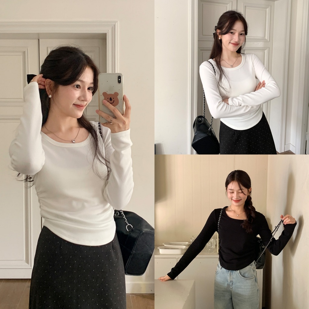 Luna Shop เสื้อยืดสีขาวสไตล์เกาหลี แขนยาว คอกลม จีบเข้ารูป เสื้อใหม่สำหรับผู้หญิง