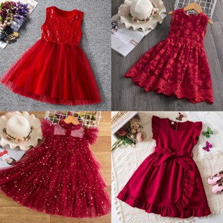 Nnjxd ชุดเดรสสีแดงสําหรับเด็กผู้หญิงแขนสั้นดอกไม้เลื่อมชุดคร…