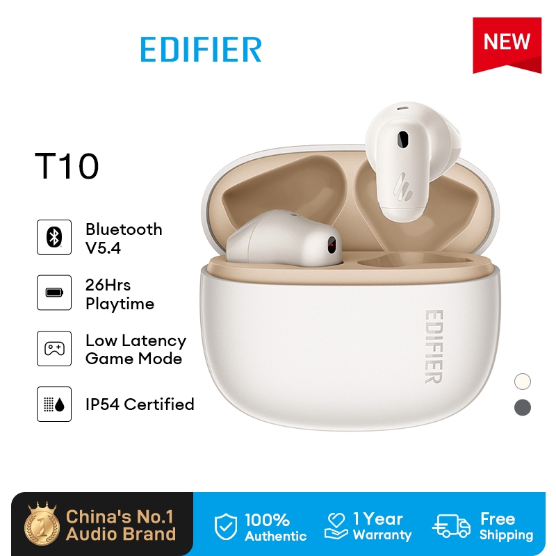Edifier T10 Bluetooth V5.4 AI Call Noise Cancellation SBC Supports Fast Charging 26Hours IP54 Hands Free Calls Earbud 4g Lightweight 13mm Dynamic Driver