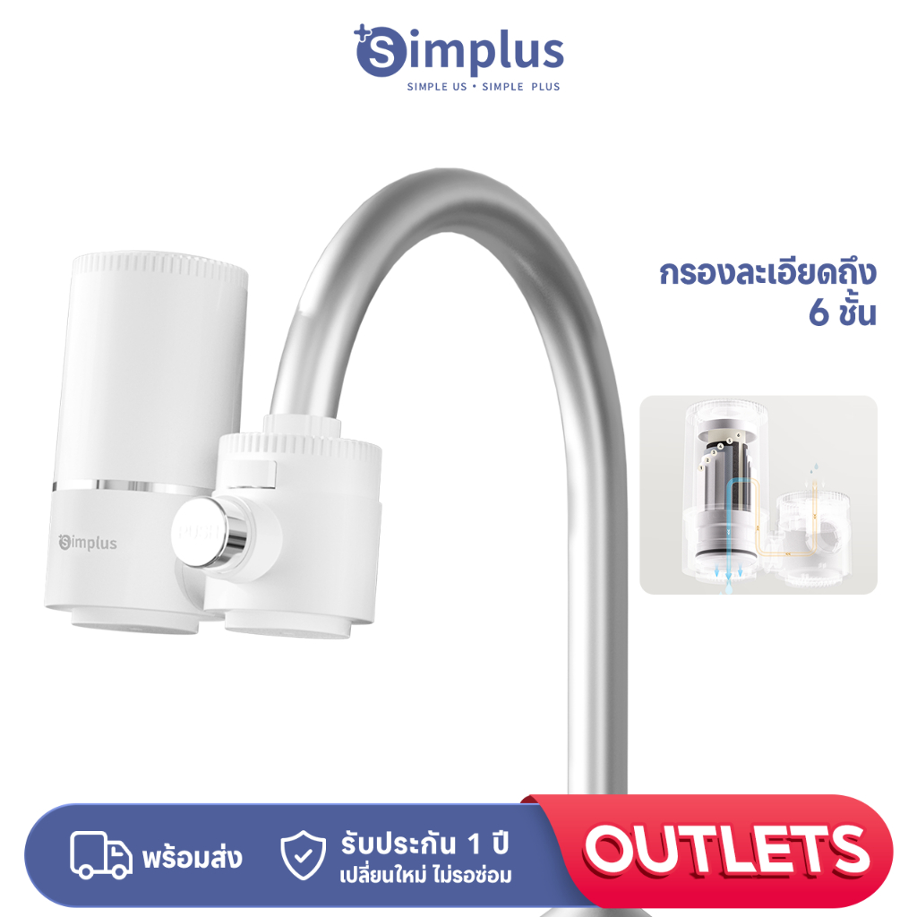 Simplus เครื่องกรองต่อปลายก๊อกน้ำ 6 ชั้น พร้อมก้านคาร์บอน น้ำออก 2 ระดับ JSQH004