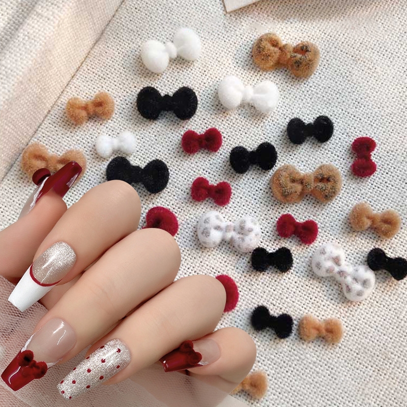 น่ารักกาแฟสีแดงสีดําสีขาวเสือดาวตุ๊กตา KT BowTie เล็บ Rhinestones ตกแต่งเล็บ Fairy กํามะหยี่เครื่องประดับ