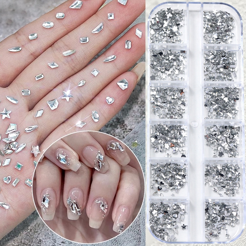 12 กริดผสม 3D เล็บ Rhinestones คริสตัลเพชรสําหรับเล็บ Mini Glitter ตกแต่ง DIY อุปกรณ์ตกแต่งเล็บ