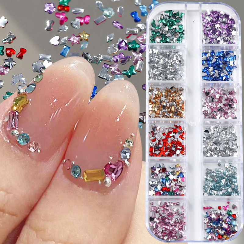 12 กริดผสม 3D เล็บ Rhinestones คริสตัลเพชรสําหรับเล็บ Mini Glitter ตกแต่ง DIY อุปกรณ์ตกแต่งเล็บ