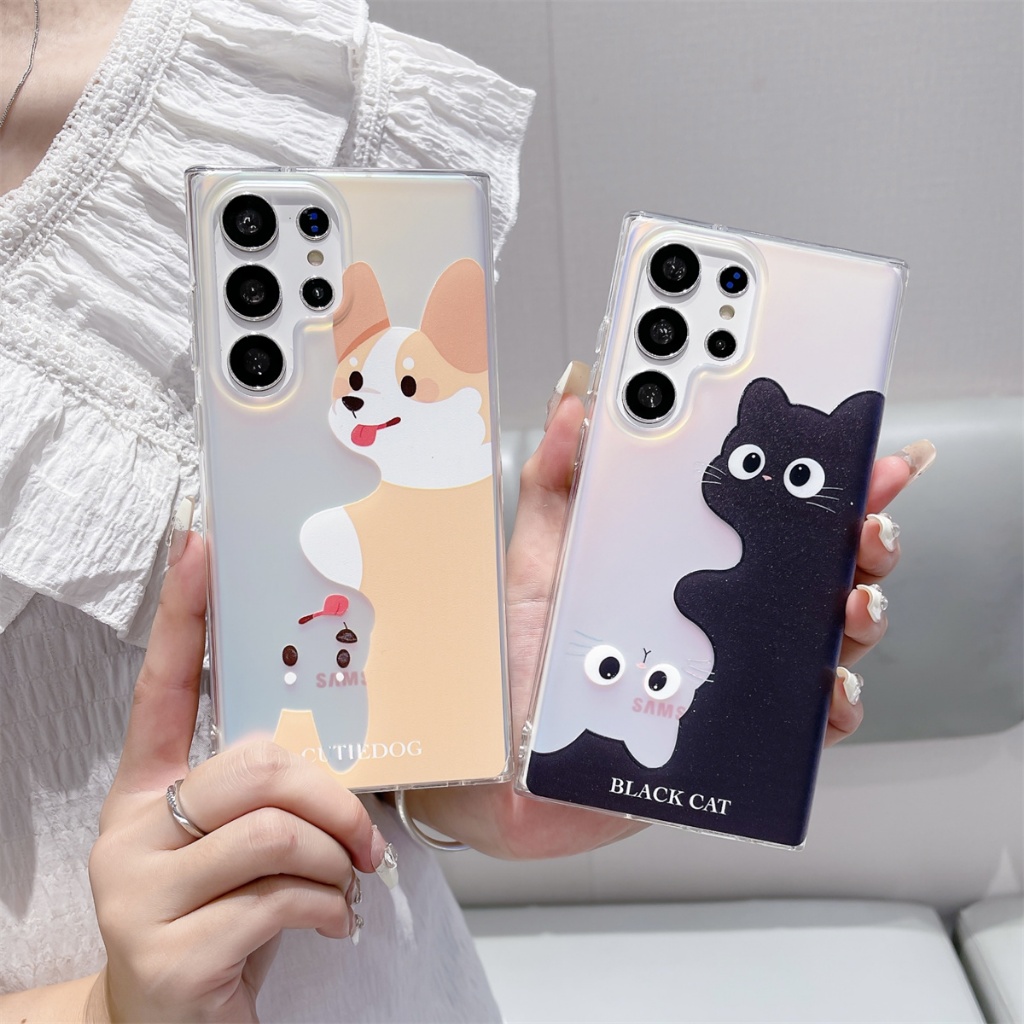 Black cat Shiba Inuya Samsung Galaxy S25Ultra เคสโทรศัพท์มือถือจี้เลเซอร์สองด้าน Samsung S25/S25P/S2