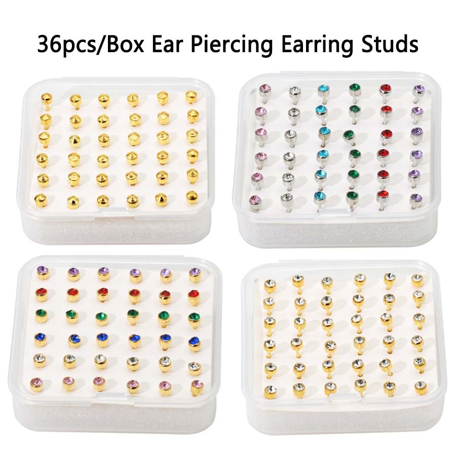 36ชิ้น/กล่องเจาะหูต่างหูกระดุม-แฟชั่นโลหะผสมหูกระดุมเจาะเครื่องประดับ