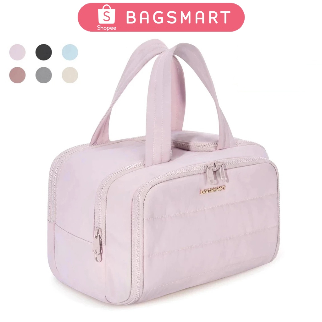 BAGSMART กระเป๋าแป้งน้ําหนักเบา Puffy Cosmetic Makeup Bag กระเป๋าเดินทางสําหรับผู้หญิง, ออแกไนเซอร์พร้อมที่จับสําหรับอุปกรณ์เสริม, จําเป็น, เครื่องใช้ในห้องน้ํา