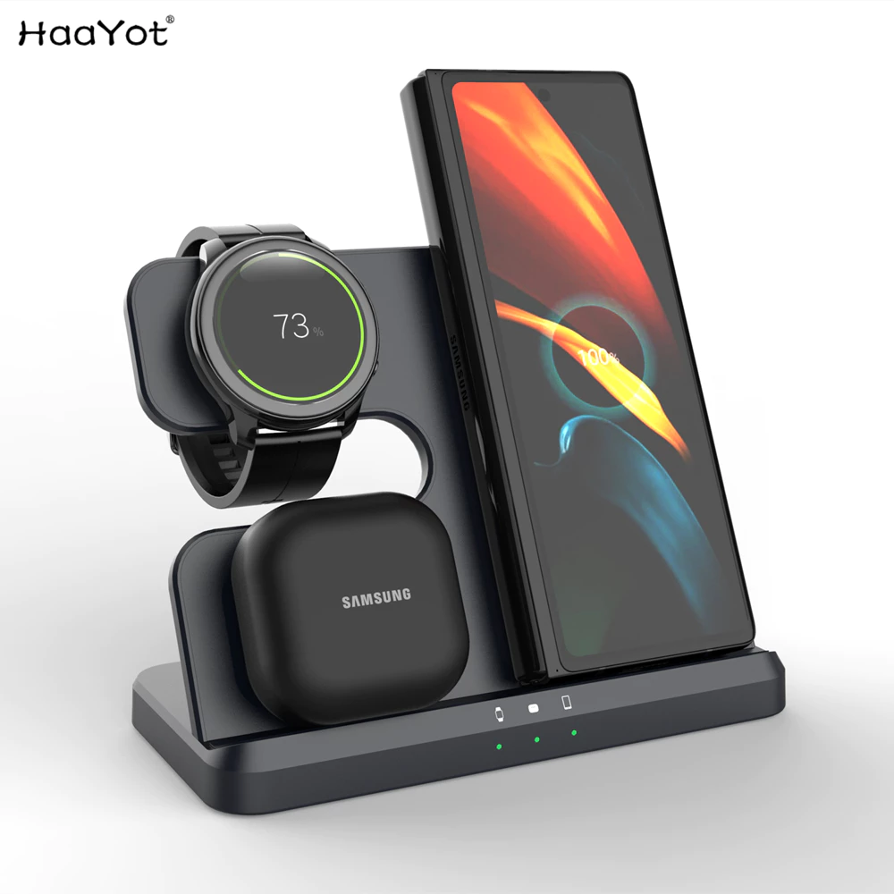 สถานีชาร์จไร้สายสําหรับ Samsung 3 in 1 Charger สําหรับ Galaxy Watch 8/7/6/5/4/3/Active S26 S25 S24 S23 Ultra Note20 Z Flip 5 6 พับ Galaxy Buds