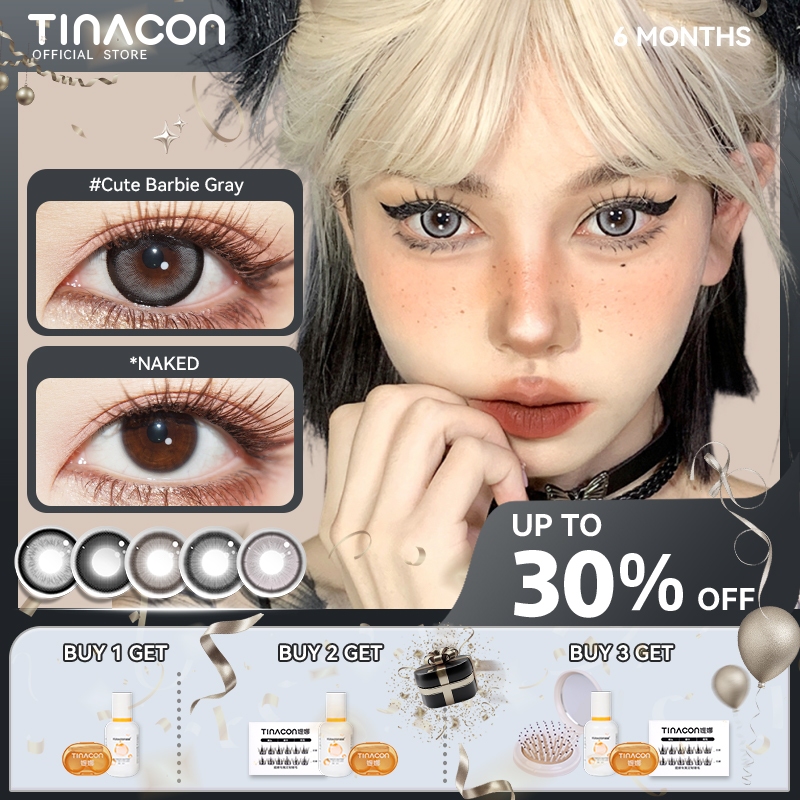Tinacon คอนแทคเลนส์สีเทา 1คู่14.5 มม. ใช้สําหรับเกรดตาโต 6 เดือน(0.0~ 8.0)