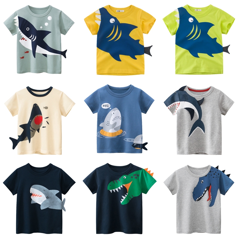 เสื้อยืดแขนสั้น ผ้าฝ้ายแท้ พิมพ์ลายการ์ตูนปลาฉลาม ทรงหลวม แฟชั่นสําหรับเด็กผู้ชาย ผู้หญิง อายุ 2-8 ปี 9983