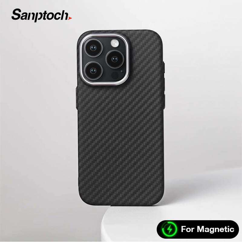 Sanptoch สําหรับแม่เหล็กคาร์บอนไฟเบอร์เคสโทรศัพท์สําหรับ iPhone 16 15 14 13 Pro Max Matte คลาสสิกลายกันกระแทกปกแข็งผิว Slim ป้องกันปลอก