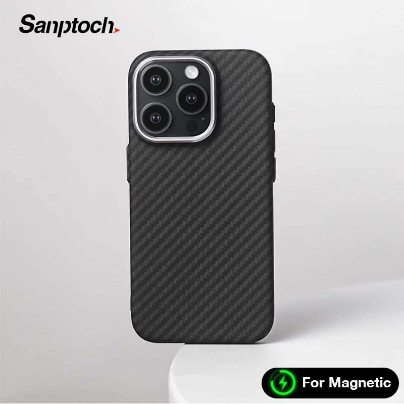 Sanptoch สําหรับแม่เหล็กคาร์บอนไฟเบอร์เคสโทรศัพท์สําหรับ iPhone 17 16 15 14 13 Pro Max Matte คลาสสิกลายกันกระแทกปกแข็งผิว Slim ป้องกันปลอก