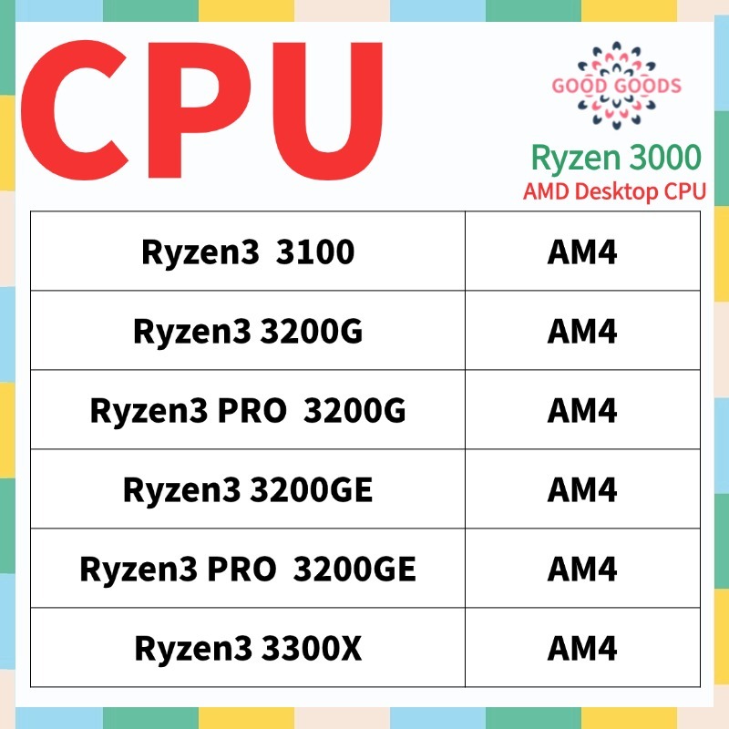 Ryzen3 3100 Ryzen3 3200G Ryzen3 PRO 3200G Ryzen3 3200GE Ryzen3 3300X AMD Ryzen 3000 โปรเซสเซอร์เดสก์