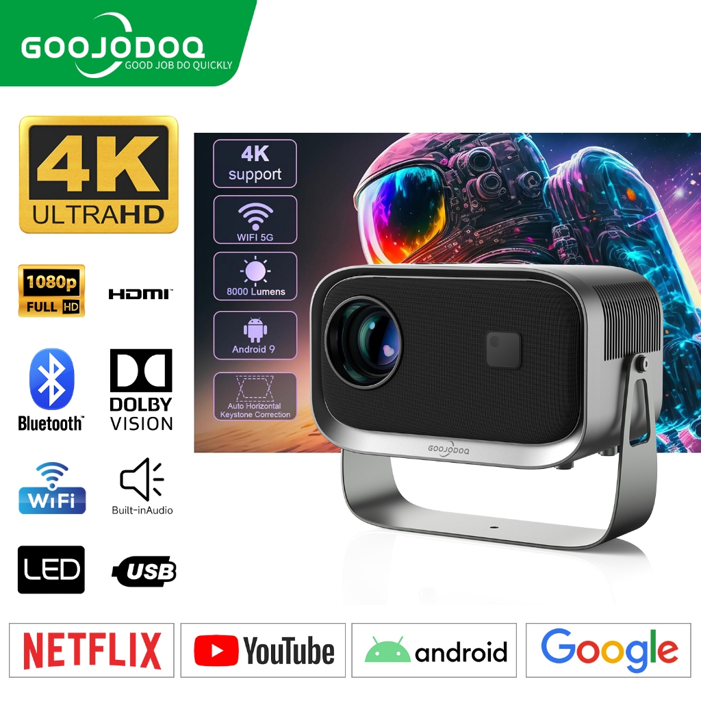 GOOJODOQ โปรเจคเตอร์ Wifi 10000 LM 1+8G 4k Full HD 1080p ขนาดพกพา สําหรับ iOS Android