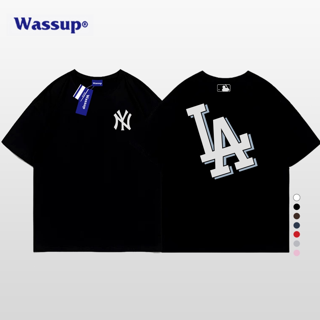 เสื้อยืดแขนสั้นผู้ชาย แบรนด์แฟชั่น ผ้าฝ้ายแท้ พิมพ์ลายตัวอักษร "LA" คอรอบ ดีไซน์หล่อและสบาย