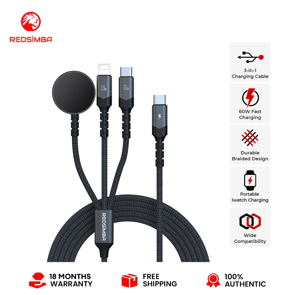Redsimba สายชาร์จ 3-in-1 Type-C ถึง L/Type-C/นาฬิกา | 60w, 10W ชาร์จเร็ว ถัก 1 ม. ทนทานและพกพา