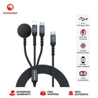 Redsimba สายชาร์จ 3-in-1 Type-C ถึง L/Type-C/นาฬิกา | 60w, 10W ชาร์จเร็ว ถัก 1 ม. ทนทานและพกพา