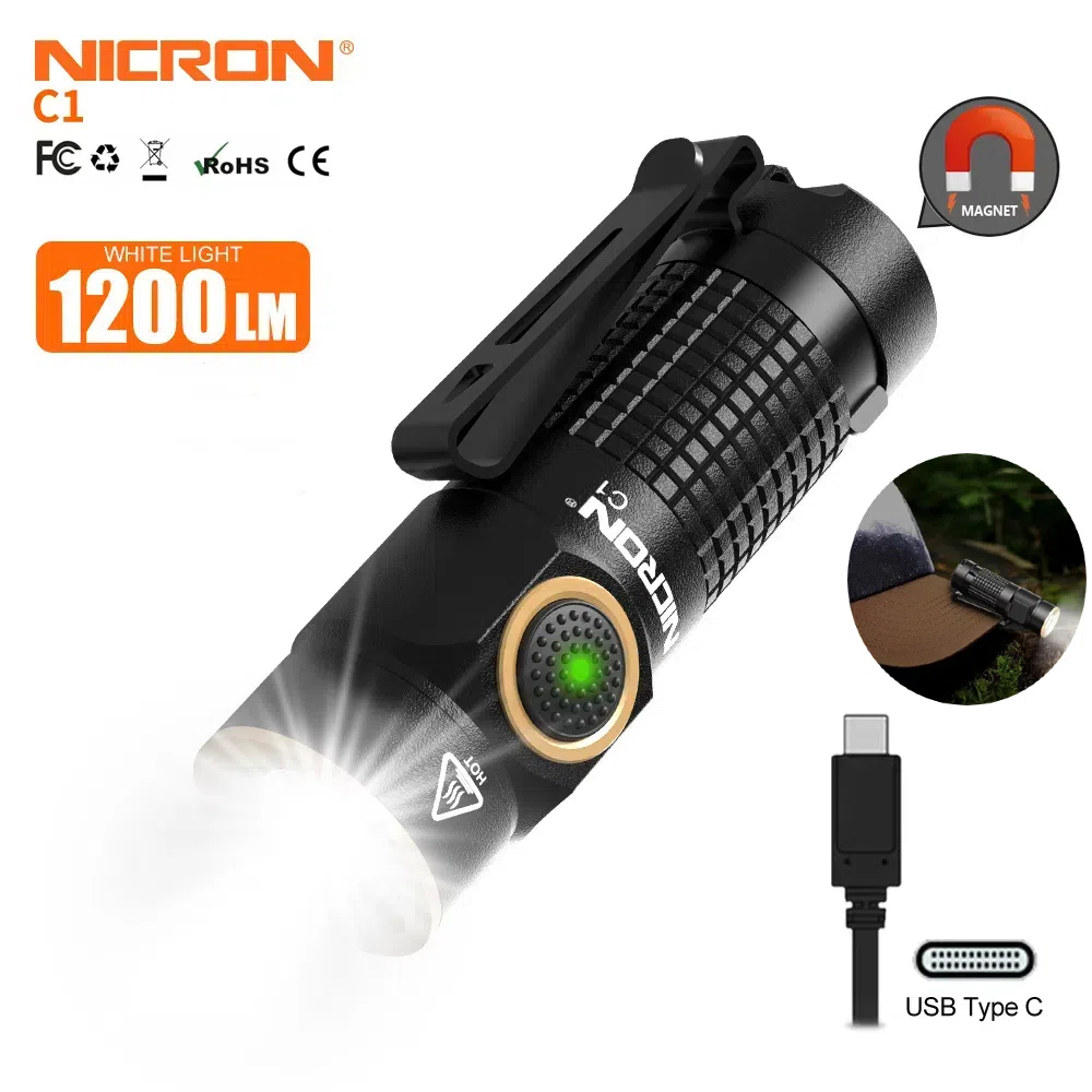 Nicron ไฟฉาย LED ขนาดเล็ก C1 1200lumens ไฟฉายสว่างเป็นพิเศษแบบชาร์จไฟได้ไฟฉายกันน้ําพวงกุญแจไฟฉายแม่เหล็กที่แข็งแกร่ง Christmas gift