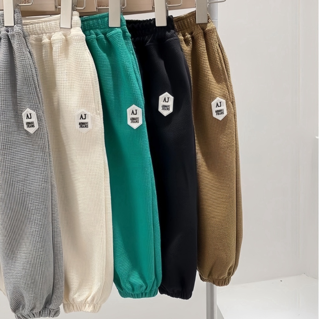 honeywears⚡️พร้อมส่ง⚡️กางเกงรัดเท้าเด็กชาย ขายาวลำลอง เอวยางยืด ผ้าวาฟเฟิล สไตล์เกาหลี แฟชั่นฤดูร้อน ไซส์ 120-160